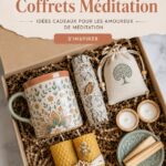 Sélection de kits de méditation colorés sur une table en bois