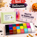 Palette de maquillage festive pour Noël et Halloween avec des couleurs variées.