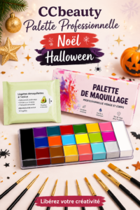 Palette de maquillage festive pour Noël et Halloween avec des couleurs variées.