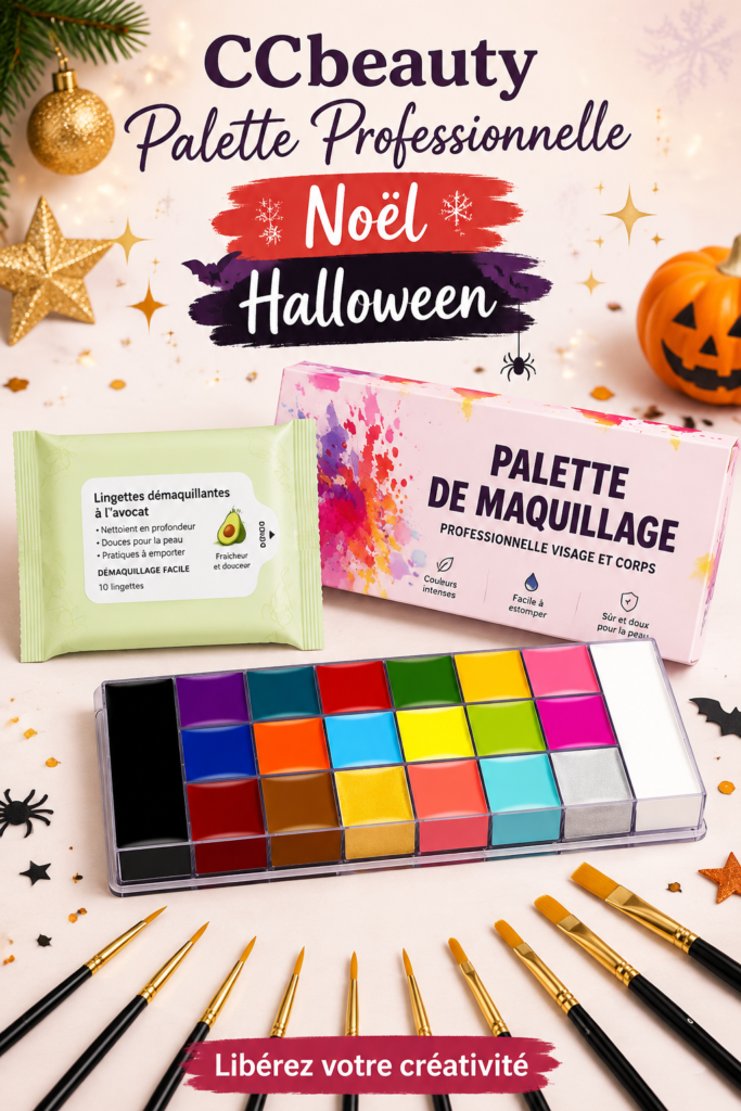 Palette de maquillage festive pour Noël et Halloween avec des couleurs variées.