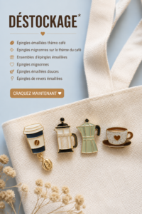 Collection de pins émaillés sur le thème du café, colorés et créatifs.