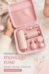 Pistolet de massage rose sur une table avec des fleurs, idéal pour des moments de détente.