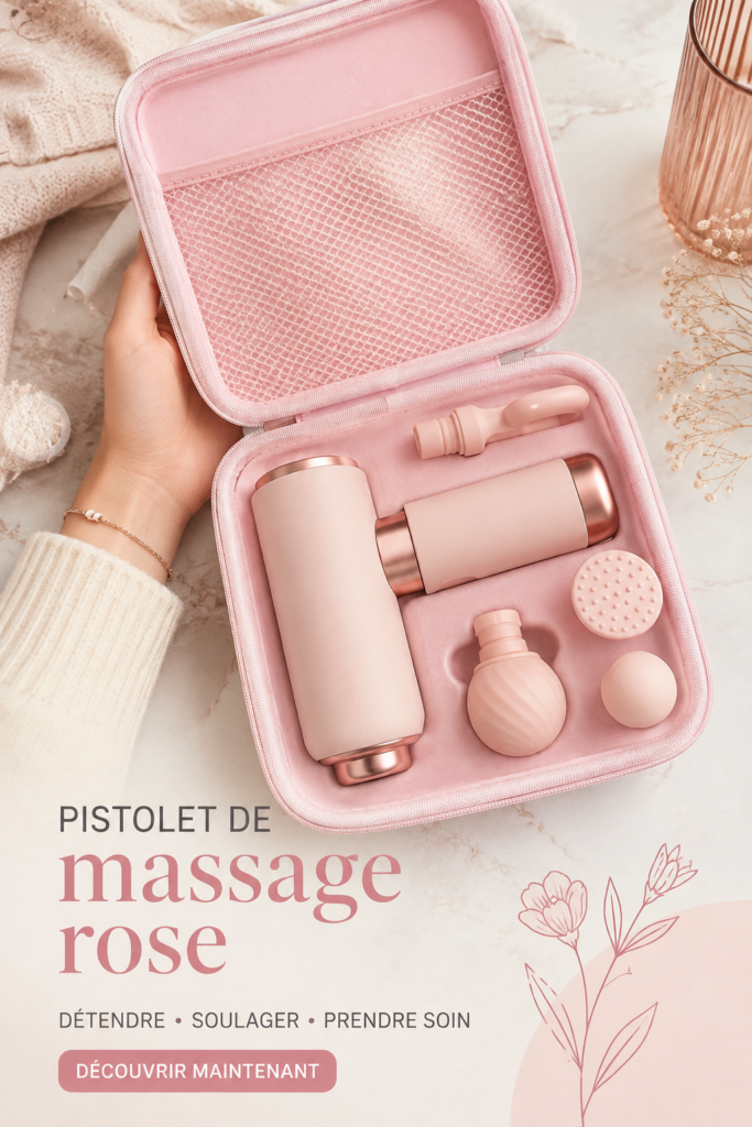 Pistolet de massage rose sur une table avec des fleurs, idéal pour des moments de détente.