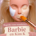 Barbie relookée avec un style inspiré par Kim Kardashian, vêtue d'une robe tendance et de bijoux brillants.