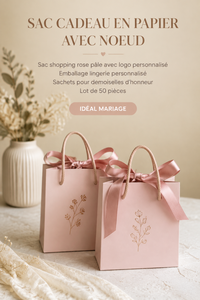 Sac cadeau personnalisé en rose pale avec un nœud, idéal pour des occasions spéciales