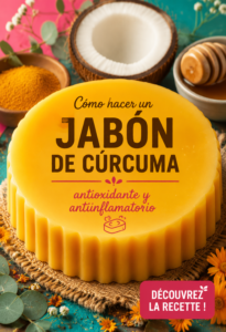 Savon fait maison à base de curcuma, avec une belle couleur dorée et des ingrédients naturels.