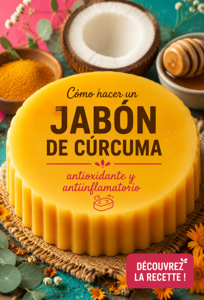 Savon fait maison à base de curcuma, avec une belle couleur dorée et des ingrédients naturels.