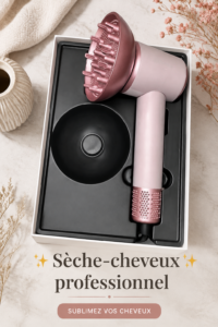 Femme souriante utilisant un sèche-cheveux professionnel sur ses cheveux