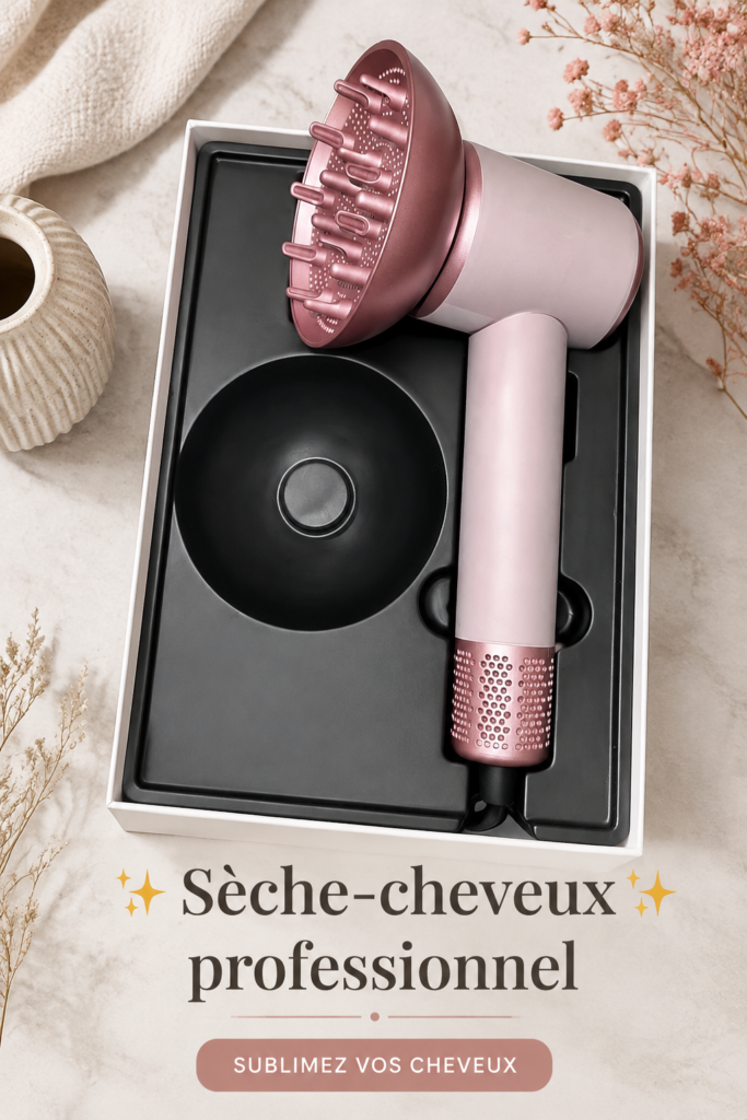 Femme souriante utilisant un sèche-cheveux professionnel sur ses cheveux