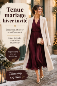 Tenue d'invitée élégante pour un mariage d'hiver, robe en velours avec accessoires en harmonie.
