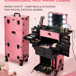 Vanity roulant avec miroir et éclairage, parfait pour maquilleurs et stylistes.