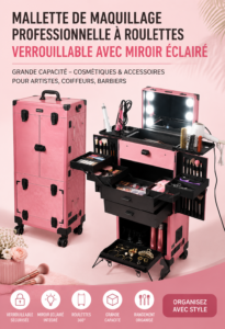 Vanity roulant avec miroir et éclairage, parfait pour maquilleurs et stylistes.