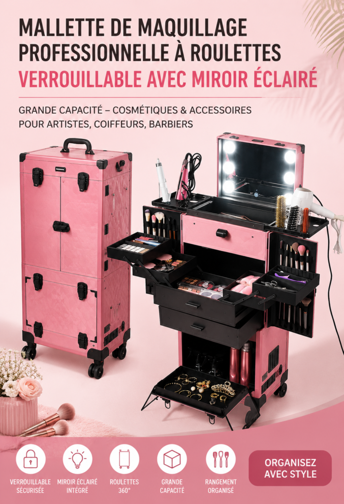 Vanity roulant avec miroir et éclairage, parfait pour maquilleurs et stylistes.