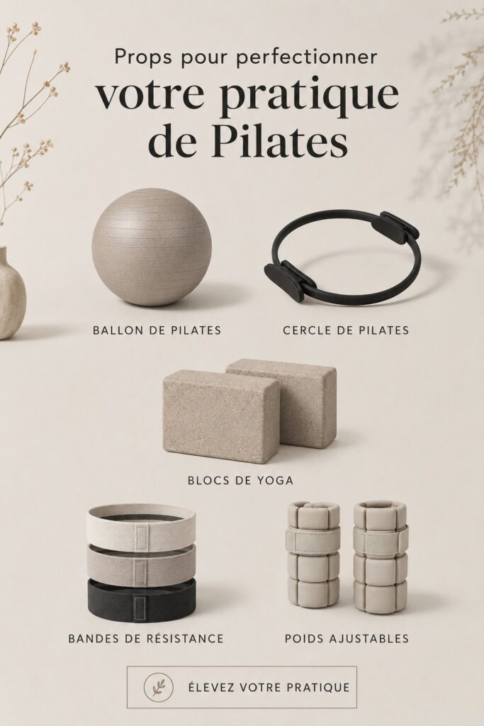 Accessoires de Pilates colorés et variés disposés sur un tapis de yoga.
