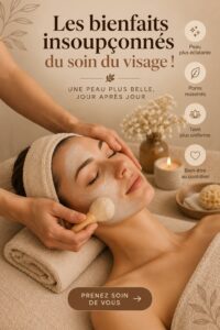 Femme appliquant un soin du visage dans un environnement relaxant et chaleureux.