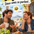 Deux amis riant ensemble en partageant des blagues drôles.