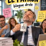 Image d'une femme riant en racontant une blague humoristique au bureau, illustrant la bonne ambiance au travail.
