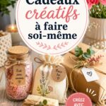 Un assortiment de cadeaux faits main sur une table en bois, incluant des objets décoratifs et artisanaux.