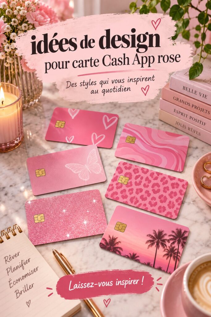 Un design coloré et personnalisé d'une carte Cash App rose avec motifs tendance.