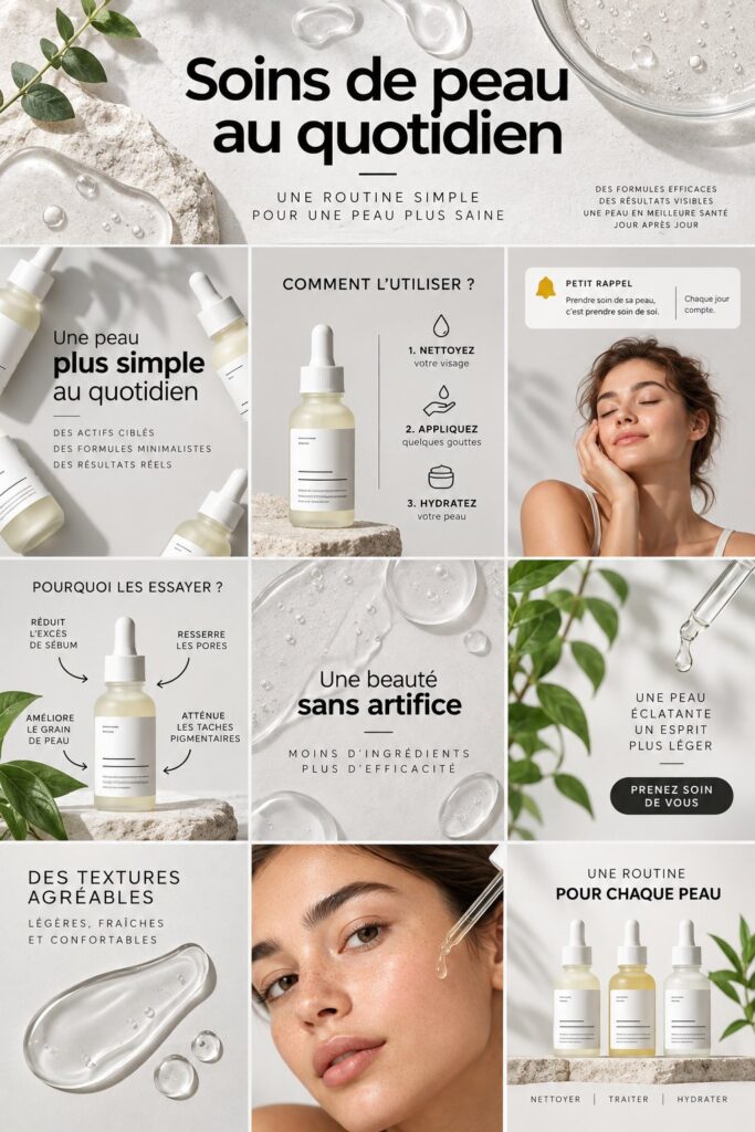 Produits de soin de la peau de The Ordinary alignés sur une surface blanche