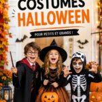 Une famille déguisée en costumes d'Halloween colorés et créatifs pour fêter la nuit de Halloween.