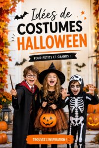 Une famille déguisée en costumes d'Halloween colorés et créatifs pour fêter la nuit de Halloween.