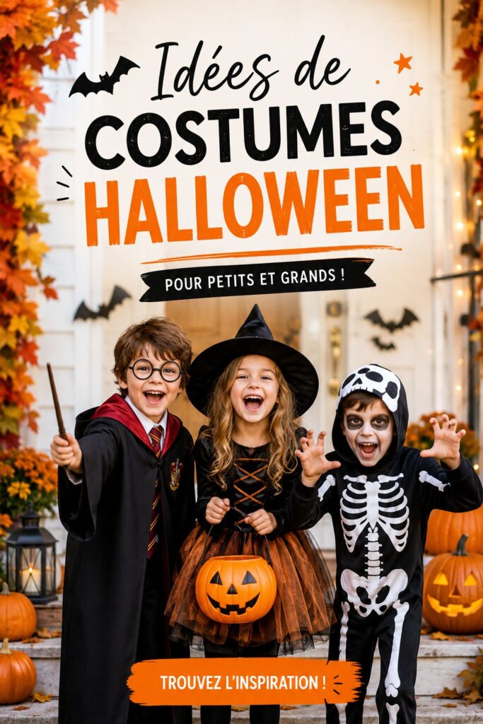 Une famille déguisée en costumes d'Halloween colorés et créatifs pour fêter la nuit de Halloween.