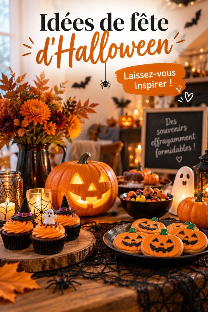 Ambiance festive d'Halloween avec décorations créatives et conviviales.