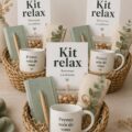 Un kit bien-être coloré avec bougies et tisanes, parfait pour un cadeau relaxant.