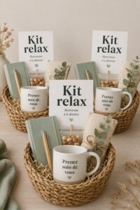 Un kit bien-être coloré avec bougies et tisanes, parfait pour un cadeau relaxant.