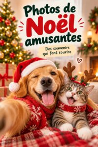 Une famille souriante prenant une photo amusante autour d'un sapin de Noël décoré.