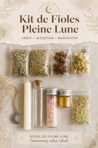 Un kit de bouteilles de sort présentant des ingrédients pour la pleine lune