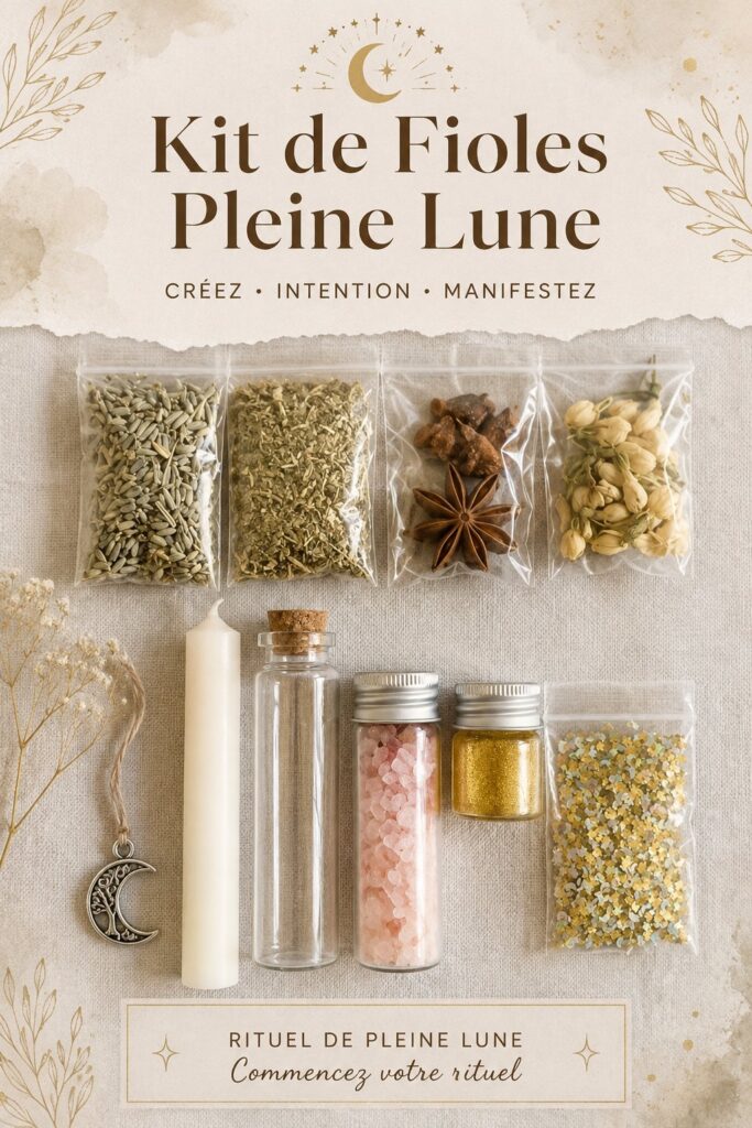 Un kit de bouteilles de sort présentant des ingrédients pour la pleine lune
