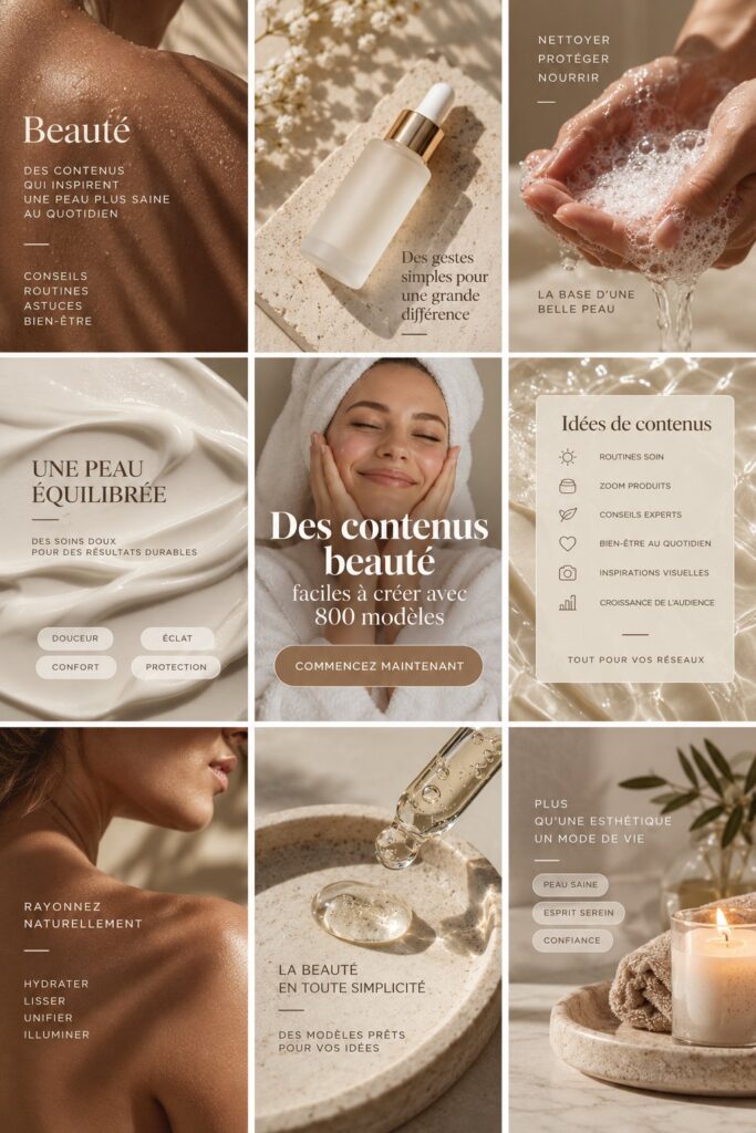 Image montrant des modèles de contenu beauté avec des illustrations colorées et des designs modernes.