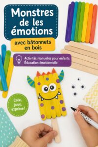 Créations colorées de monstres en bois, représentant une activité ludique d'éducation émotionnelle pour les enfants.