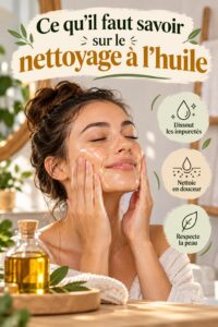 Femme appliquant un nettoyant à l'huile sur son visage, démontrant une routine de soin apaisante.