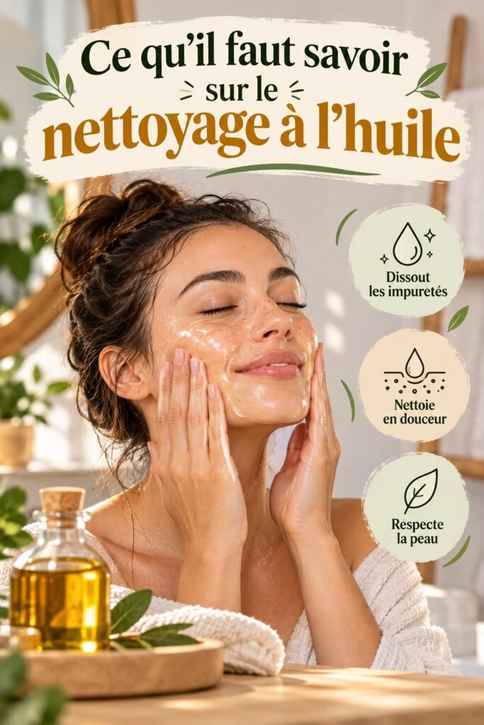 Femme appliquant un nettoyant à l'huile sur son visage, démontrant une routine de soin apaisante.