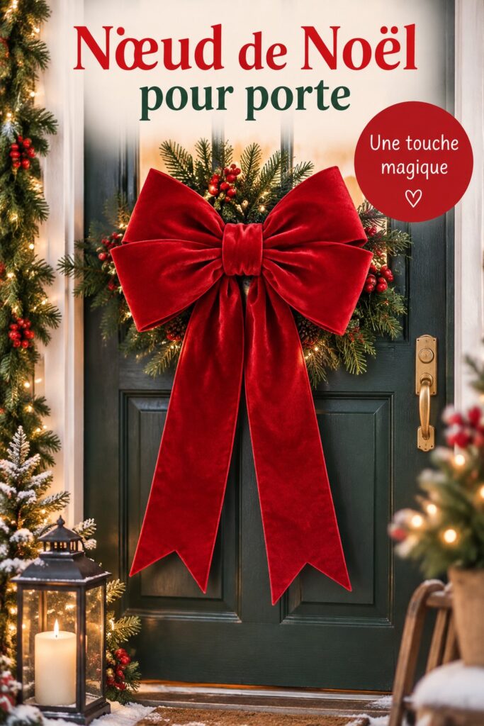 Nœud de Noël élégant accroché à une porte en bois, décoré pour les fêtes.
