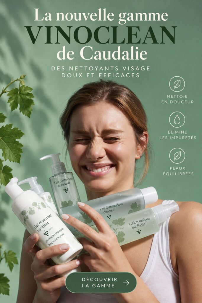 Gamme de nettoyants VINOCLEAN de Caudalie sur fond neutre.
