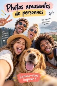 Groupe d'amis riant ensemble devant des photos amusantes