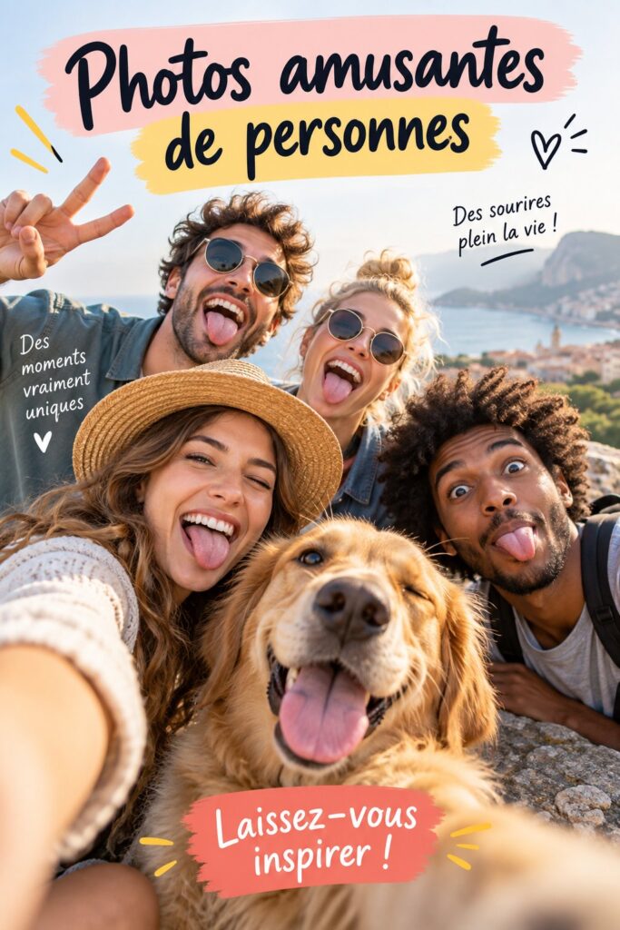 Groupe d'amis riant ensemble devant des photos amusantes