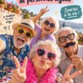 Photo amusante d'une personne âgée riant avec des amis lors d'un événement familial.