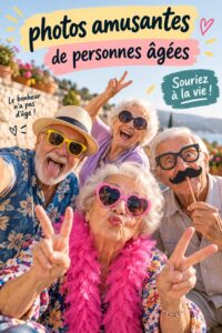 Photo amusante d'une personne âgée riant avec des amis lors d'un événement familial.
