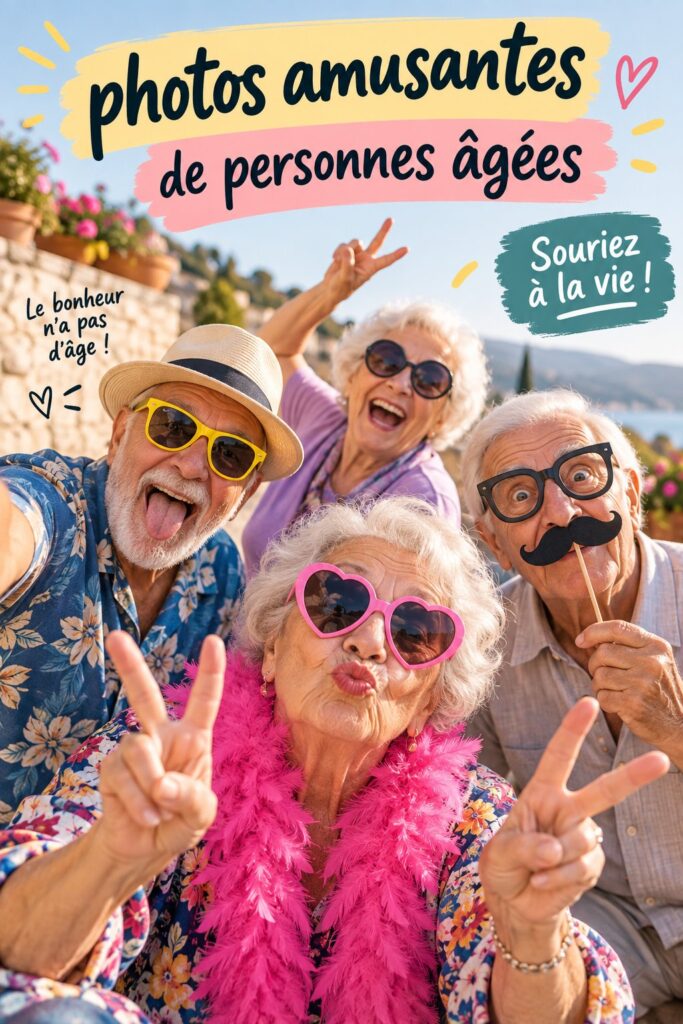 Photo amusante d'une personne âgée riant avec des amis lors d'un événement familial.