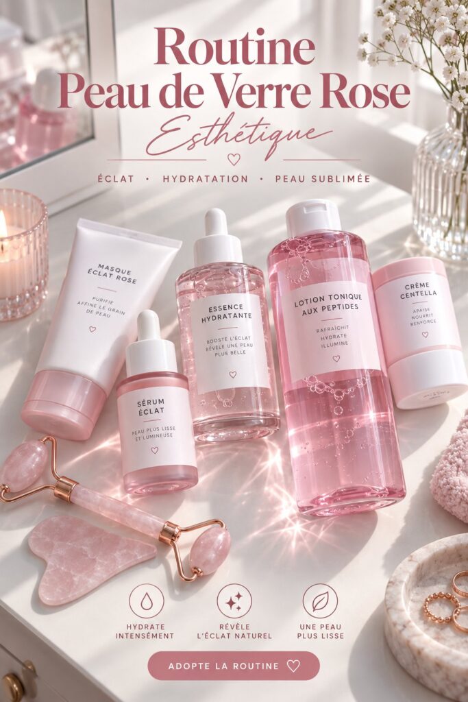 Femme appliquant des soins sur son visage, mettant en valeur une peau éclatante et rosée.