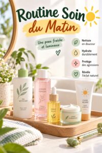 Une femme appliquant des produits de soin sur son visage, illustrant une routine de soin de jour.
