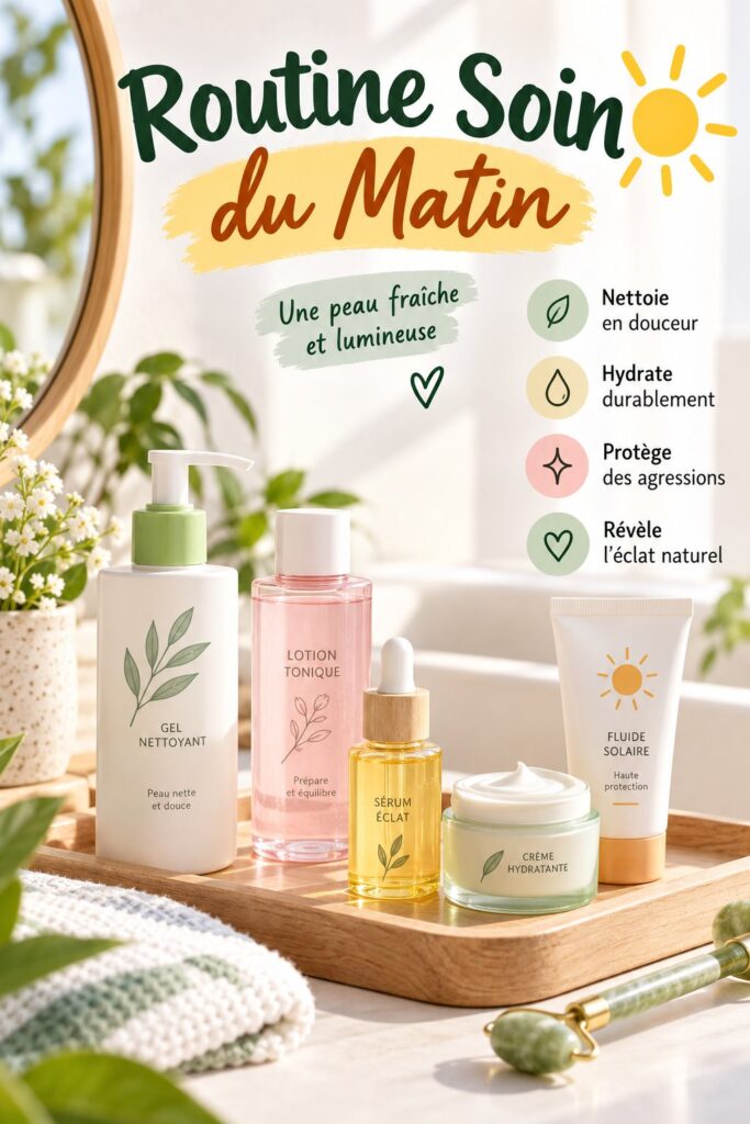 Une femme appliquant des produits de soin sur son visage, illustrant une routine de soin de jour.