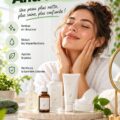 Femme avec une peau éclatante utilisant des produits de The Ordinary pour sa routine anti-acné.