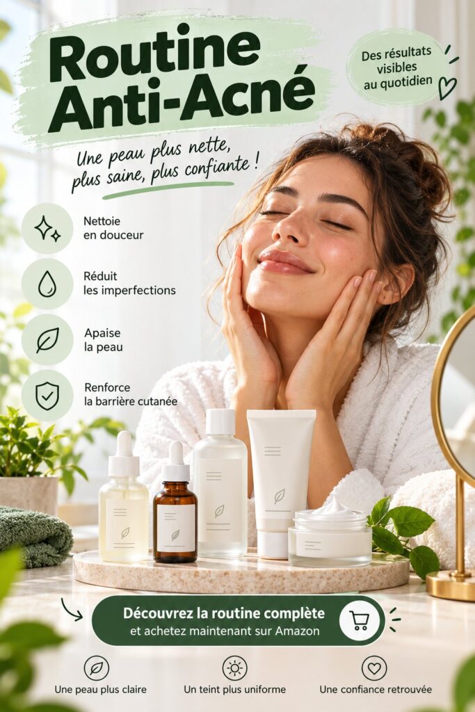 Femme avec une peau éclatante utilisant des produits de The Ordinary pour sa routine anti-acné.
