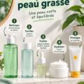 Jeune femme appliquant des soins sur son visage avec une peau grasse, représentant une routine beauté idéale.